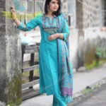Handloom Embroidered Kurta Pant Set with Khadi Silk Kantha Print
