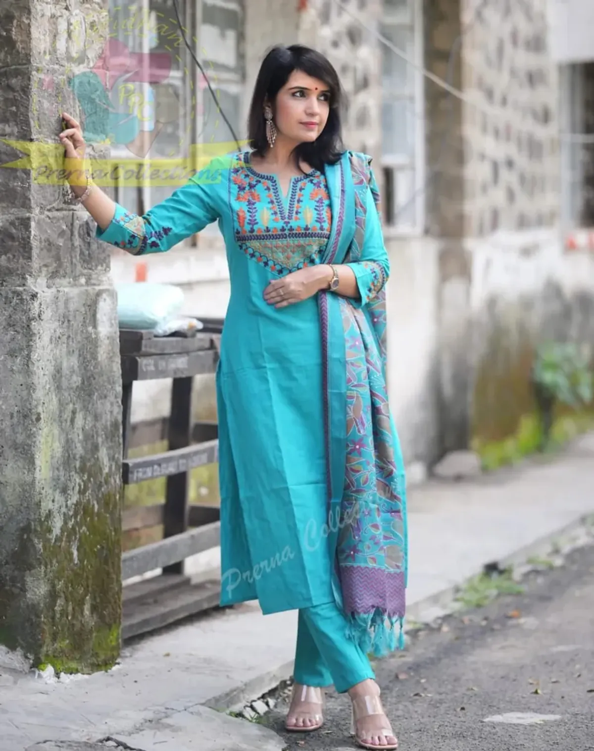 Handloom Embroidered Kurta Pant Set with Khadi Silk Kantha Print - Image 1