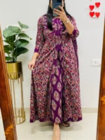 Purple Ajrakh Printed Anarkali Heavy Cotton Kurti Pant Dupatta Set For Women (Set Of 3) - Image 4