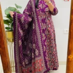 Purple Ajrakh Printed Anarkali Heavy Cotton Kurti Pant Dupatta Set For Women (Set Of 3)