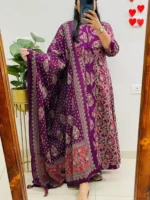 Purple Ajrakh Printed Anarkali Heavy Cotton Kurti Pant Dupatta Set For Women (Set Of 3)