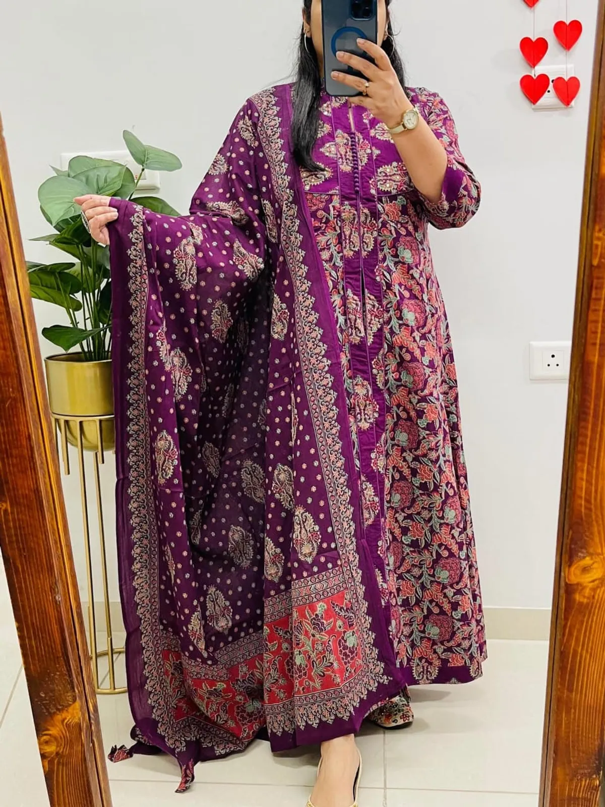 Purple Ajrakh Printed Anarkali Heavy Cotton Kurti Pant Dupatta Set For Women (Set Of 3) - Image 1