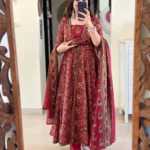 Floral Hand Block Print Cotton Anarkali Kurti Pant Dupatta Set