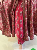 Floral Hand Block Print Cotton Anarkali Kurti Pant Dupatta Set - Image 6