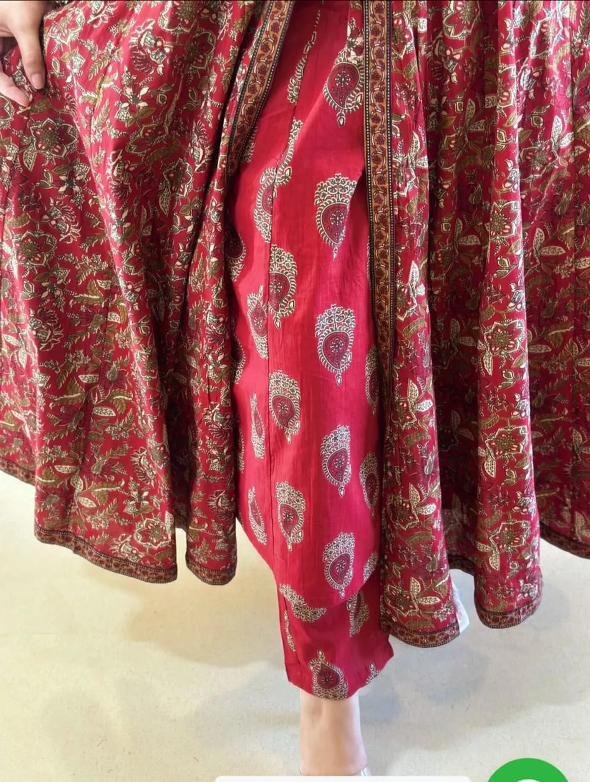 Floral Hand Block Print Cotton Anarkali Kurti Pant Dupatta Set - Image 6