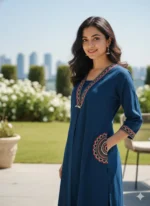 Blue Embroidered Cotton Kurta Set for Women - Image 2