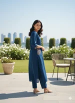 Blue Embroidered Cotton Kurta Set for Women - Image 4