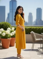 Yellow Cotton Aline Kurti Pant Co Ord Set Indian V-Neck Salwar Kameez with Pockets - Image 3