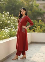Women Ethnic Motifs Regular Thread Work Pure Cotton Kurta with Trousers - Image 3