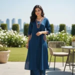 Blue Embroidered Cotton Kurta Set for Women