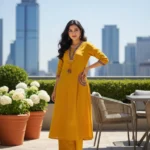 Yellow Cotton Aline Kurti Pant Co Ord Set Indian V-Neck Salwar Kameez with Pockets