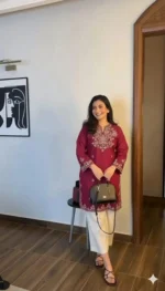 Embroidery Red Cotton Kurta Set with Palazzo Pants - Image 5