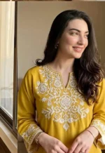 Embroidery Yellow Cotton Kurta Set with Palazzo Pants ... - Image 3