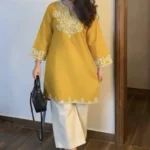 Embroidery Yellow Cotton Kurta Set with Palazzo Pants ...
