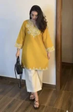 Embroidery Yellow Cotton Kurta Set with Palazzo Pants ...