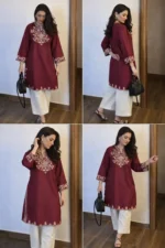 Embroidery Red Cotton Kurta Set with Palazzo Pants - Image 3