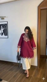 Embroidery Red Cotton Kurta Set with Palazzo Pants - Image 6