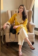 Embroidery Yellow Cotton Kurta Set with Palazzo Pants ... - Image 2