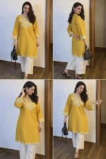 Embroidery Yellow Cotton Kurta Set with Palazzo Pants ... - Image 4